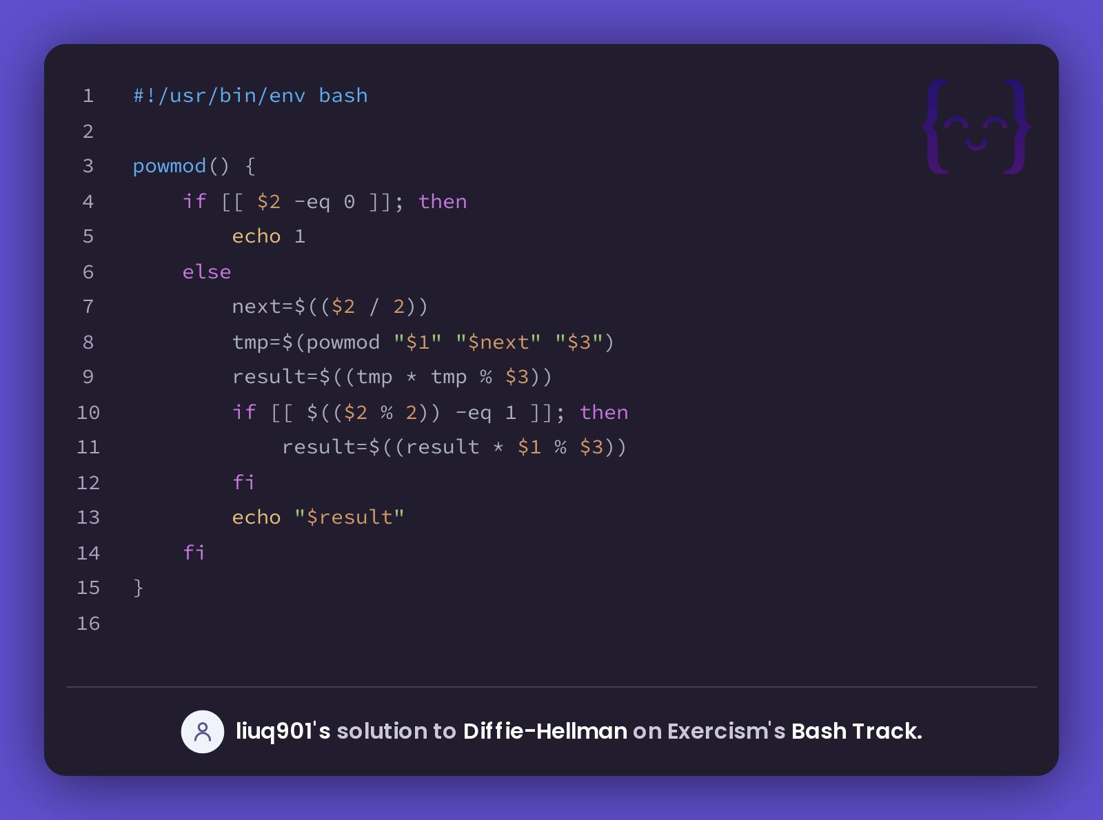 liuq901's solution for Diffie-Hellman in Bash on Exercism