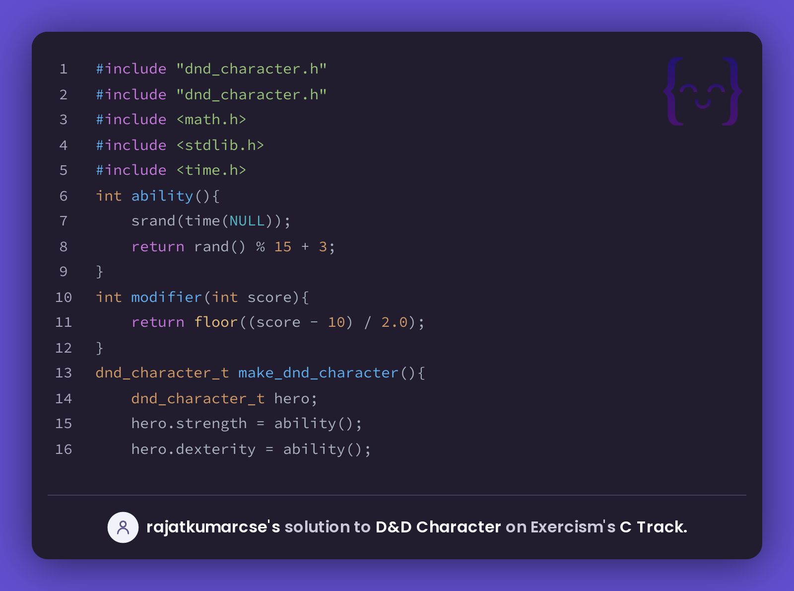 rajatkumarcse's solution for D&D Character in C on Exercism