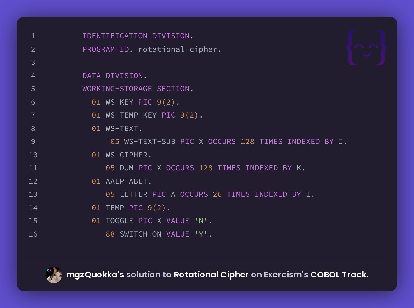 mgzQuokka's solution for Rotational Cipher in COBOL on Exercism