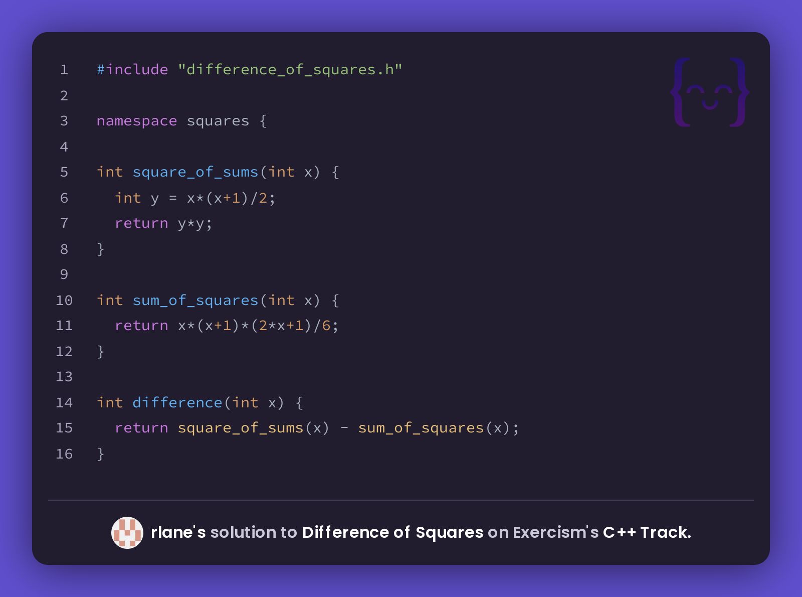 Rlane s solution for difference of squares in c on exercism