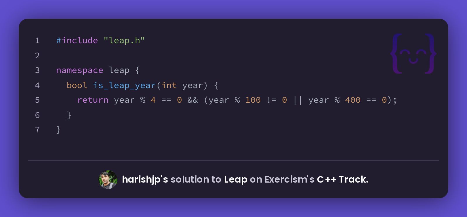 harishjp's solution for Leap in C++ on Exercism