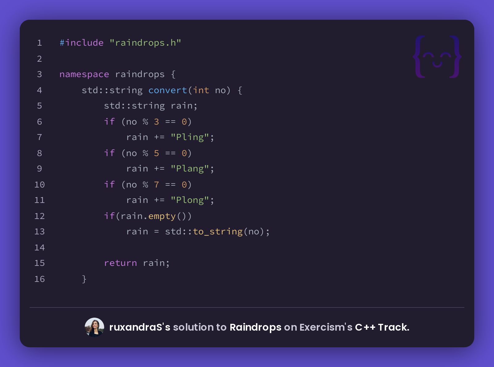 ruxandraS's solution for Raindrops in C++ on Exercism