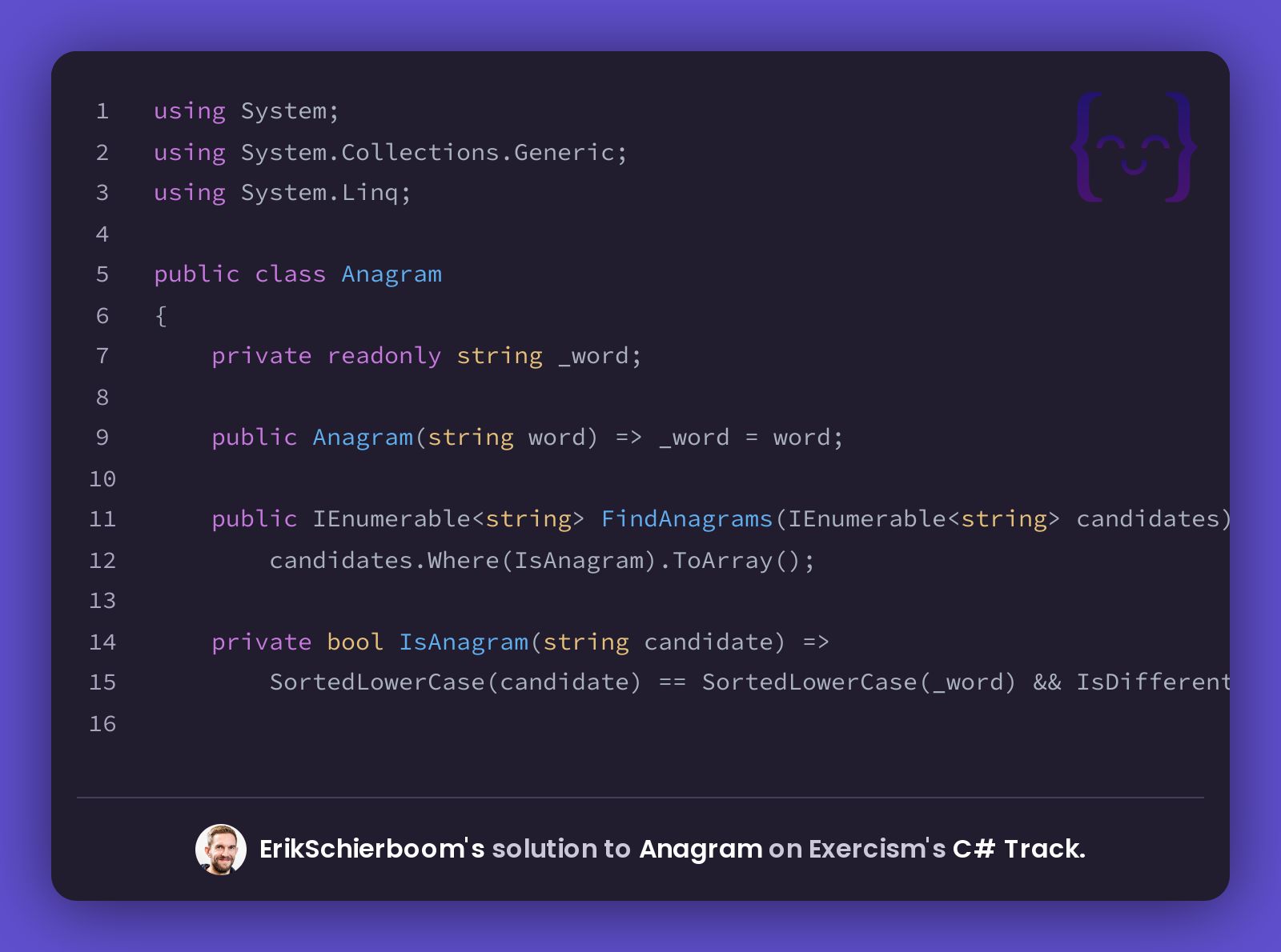 ErikSchierboom's Solution For Anagram In C# On Exercism