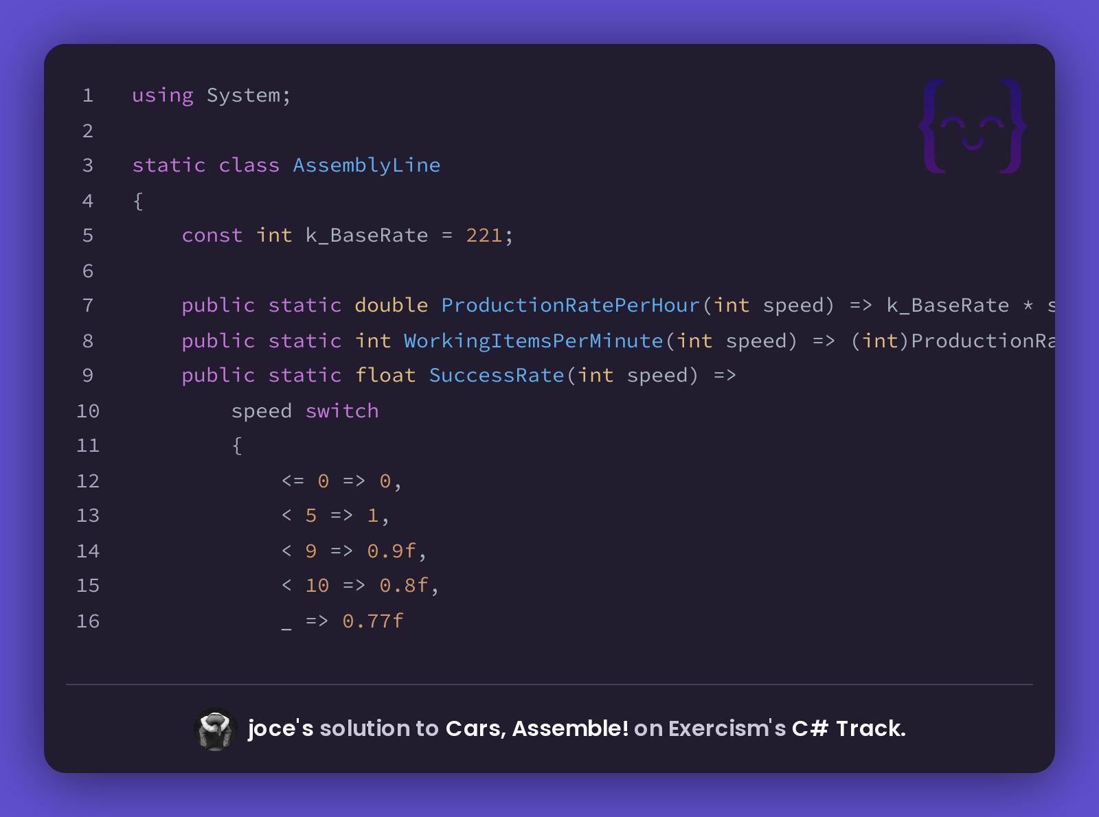 joce's solution for Cars, Assemble! in C# on Exercism