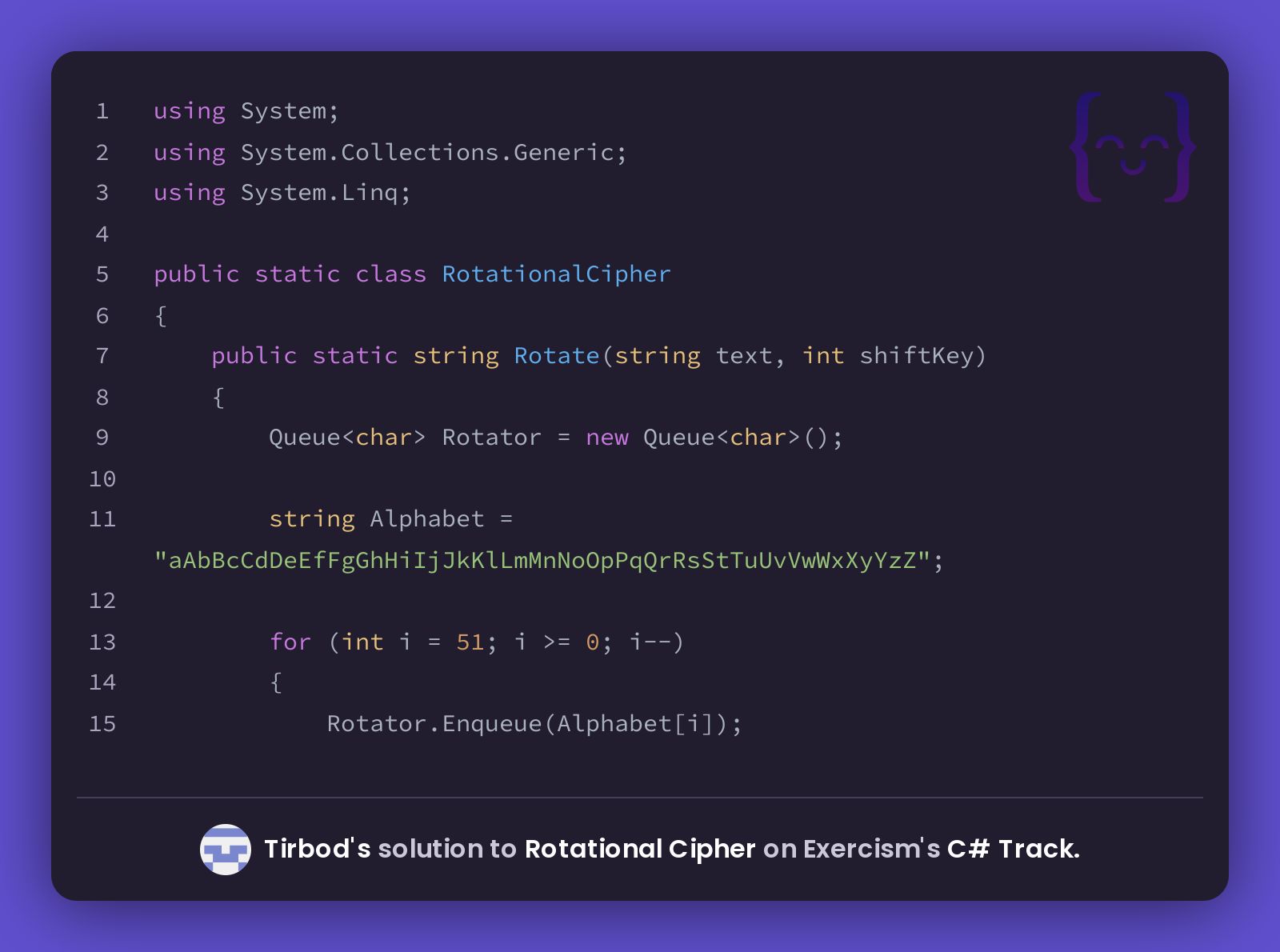 Tirbod's solution for Rotational Cipher in C# on Exercism