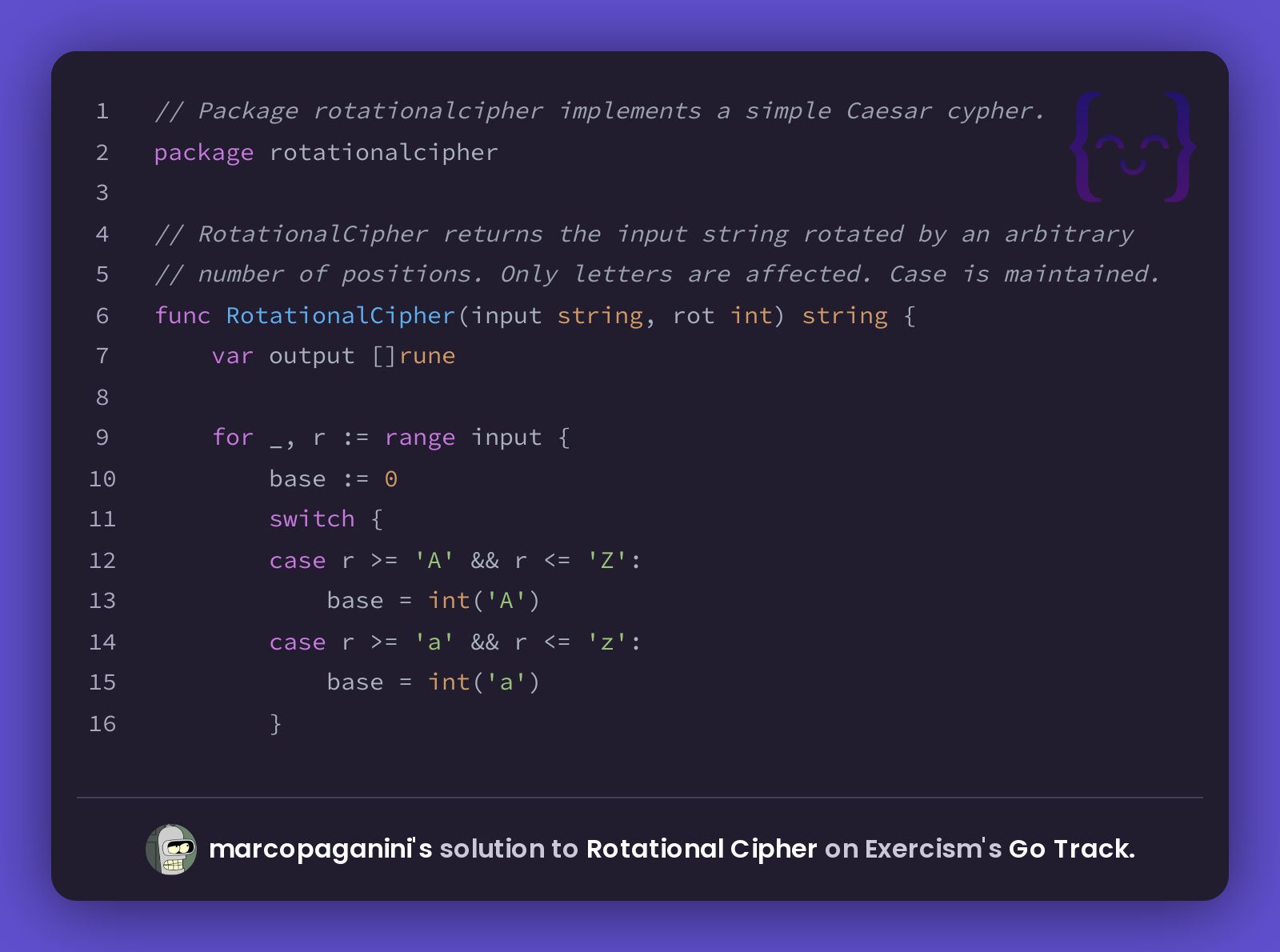 marcopaganini's solution for Rotational Cipher in Go on Exercism