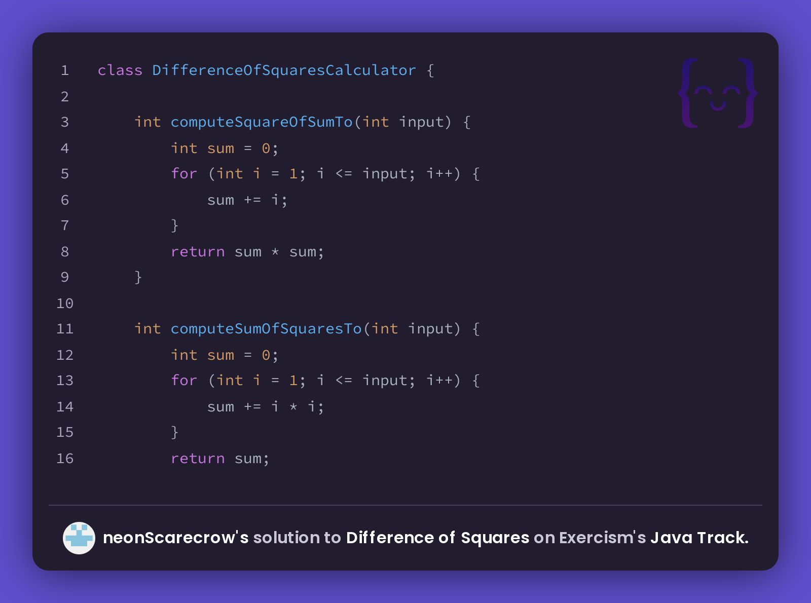 neonScarecrow's solution for Difference of Squares in Java on Exercism
