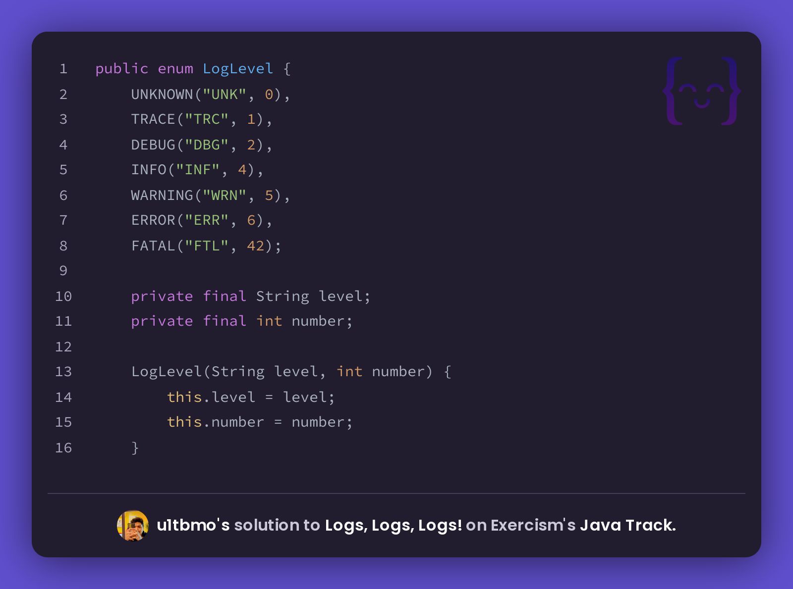 u1tbmo's solution for Logs, Logs, Logs! in Java on Exercism
