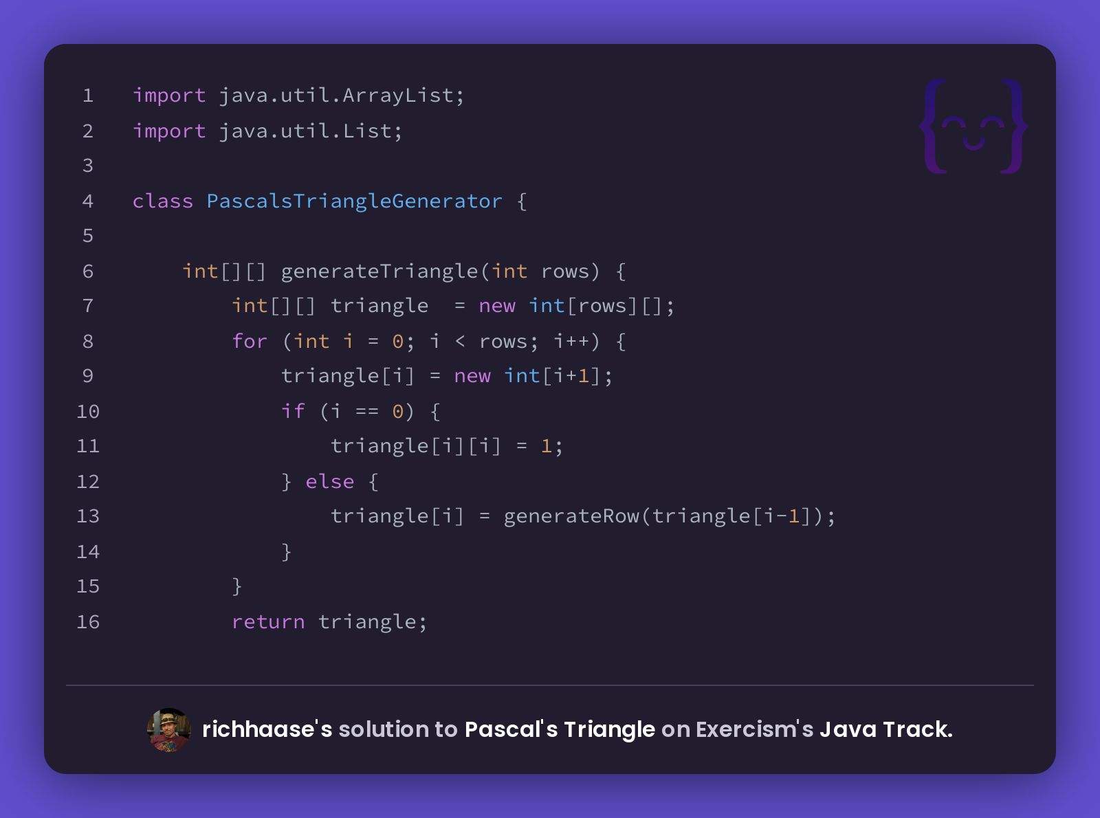 richhaase's solution for Pascal's Triangle in Java on Exercism