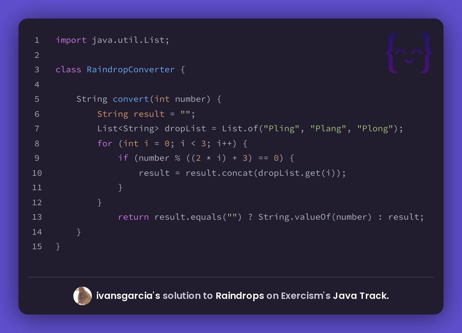 ivansgarcia's solution for Raindrops in Java on Exercism