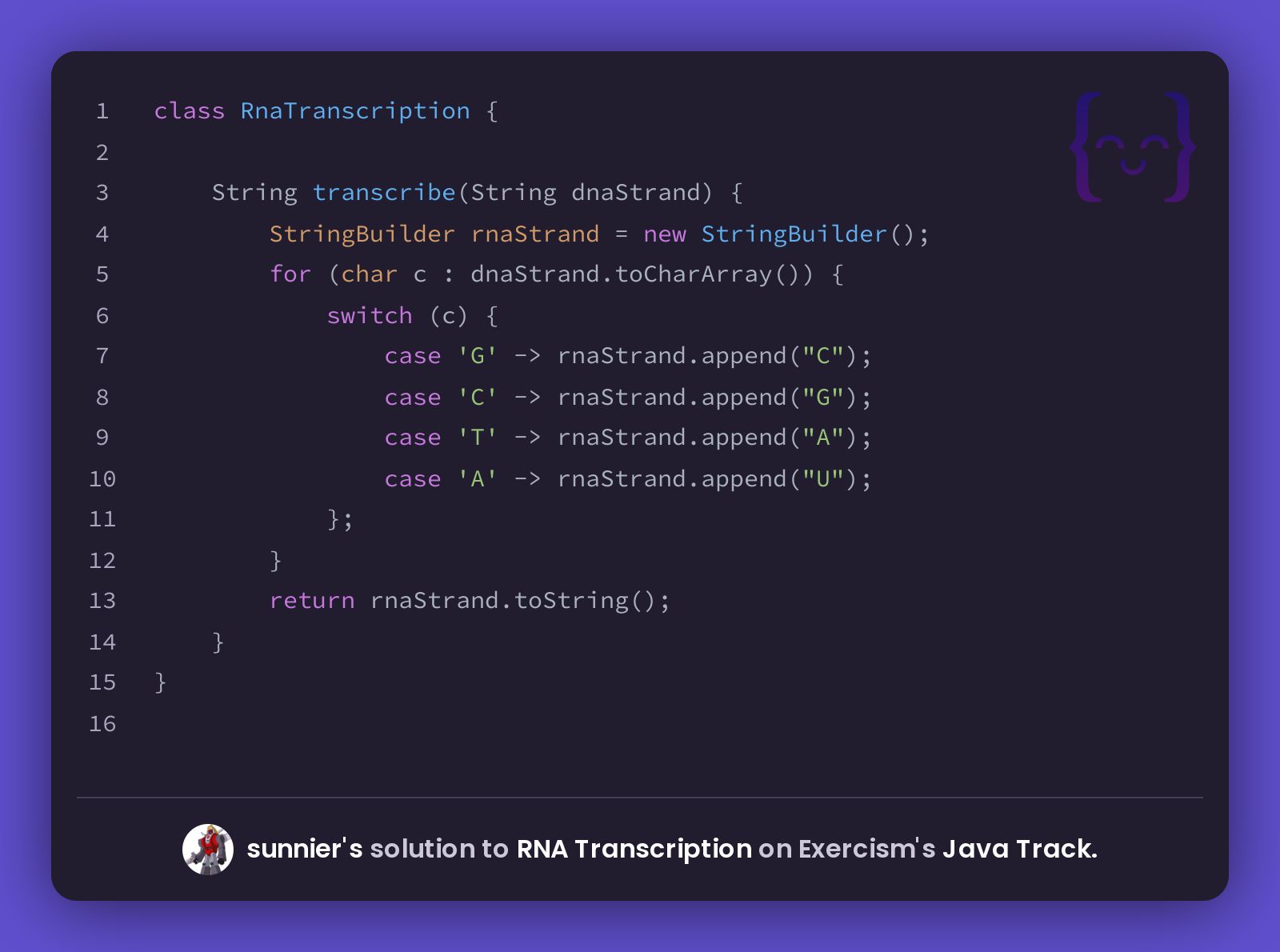 sunnier's solution for RNA Transcription in Java on Exercism