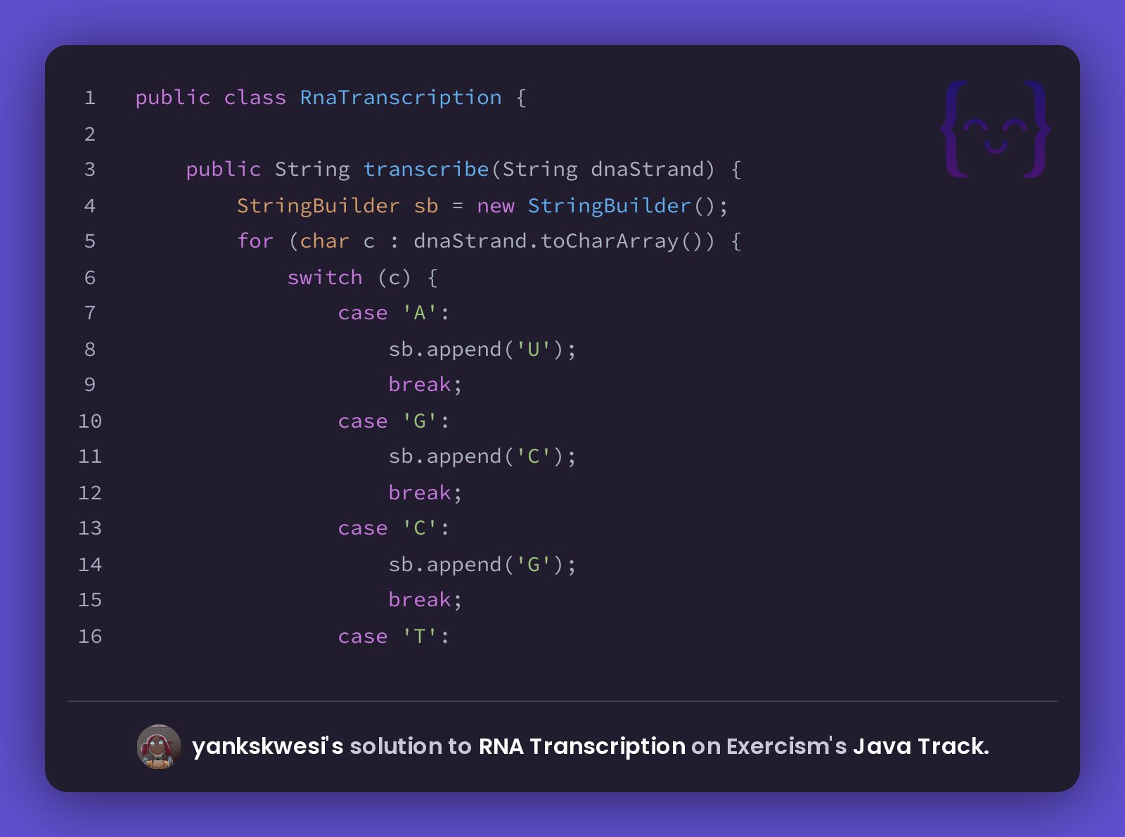 yankskwesi's solution for RNA Transcription in Java on Exercism