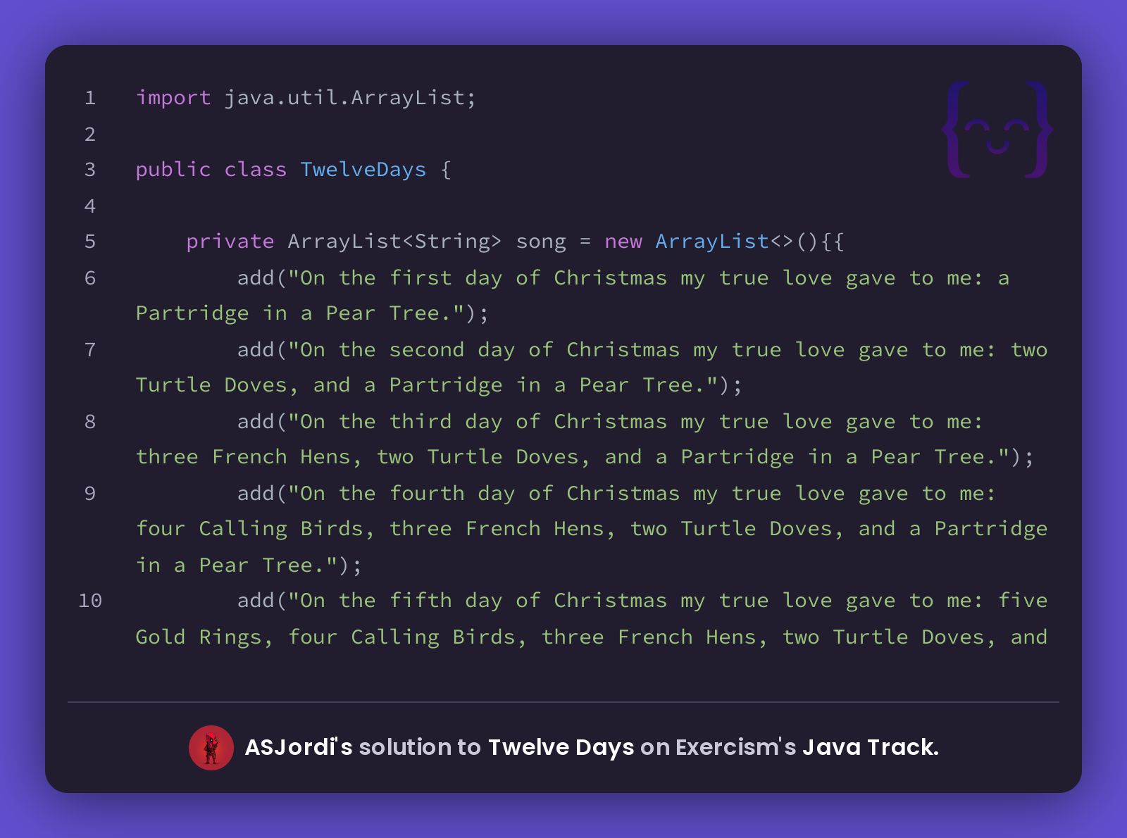 ASJordi's solution for Twelve Days in Java on Exercism