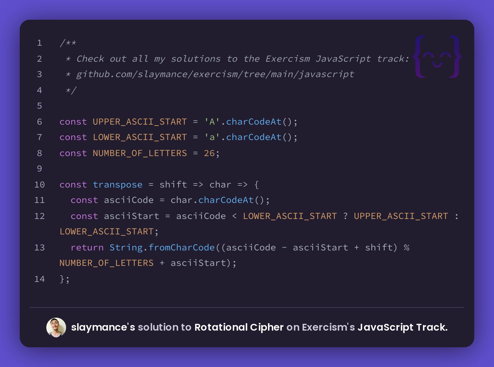 slaymance's solution for Rotational Cipher in JavaScript on Exercism