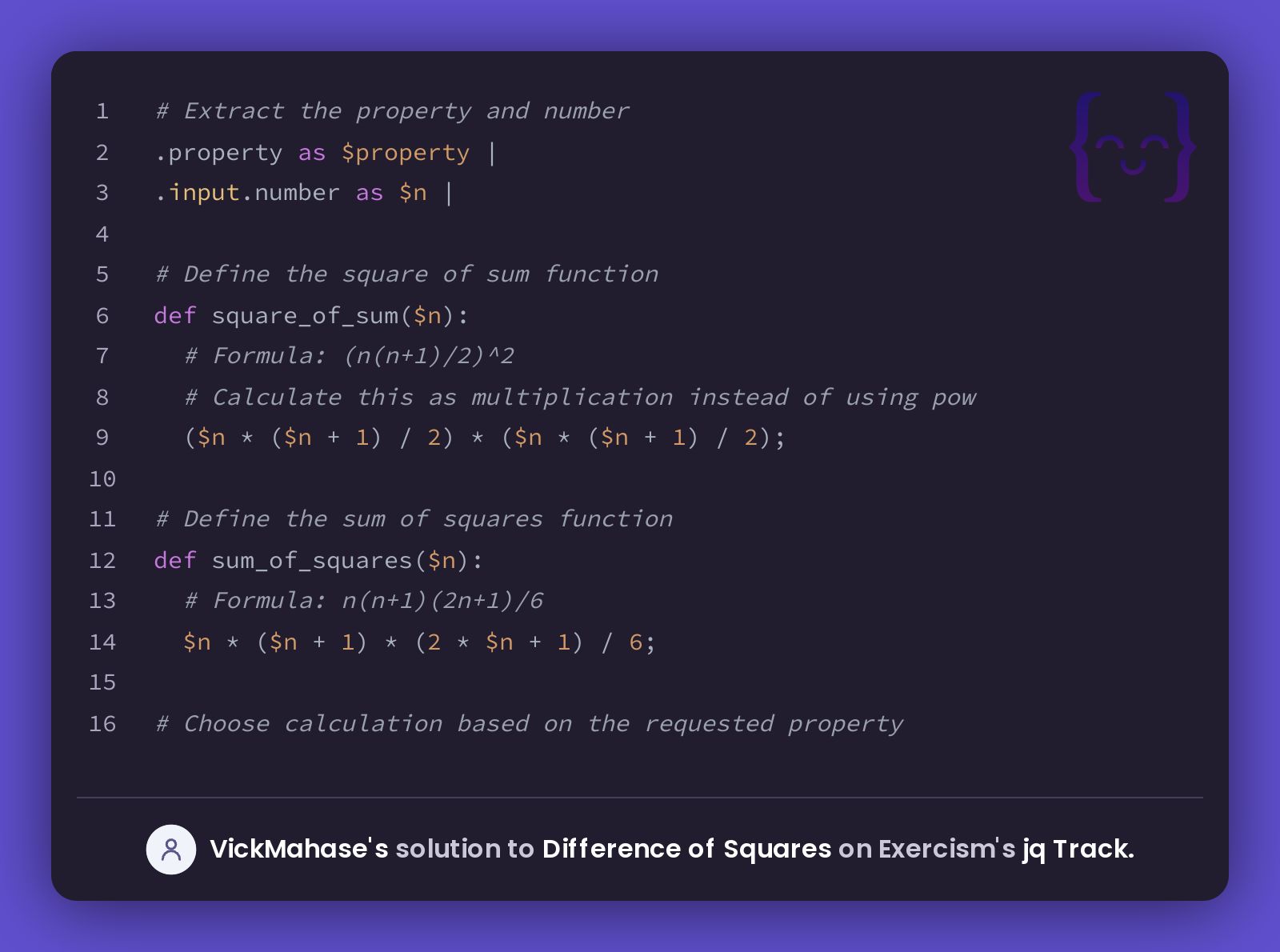 Vickmahase s solution for difference of squares in jq on exercism