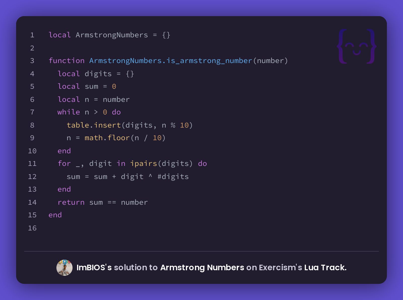 ImBIOS's solution for Armstrong Numbers in Lua on Exercism