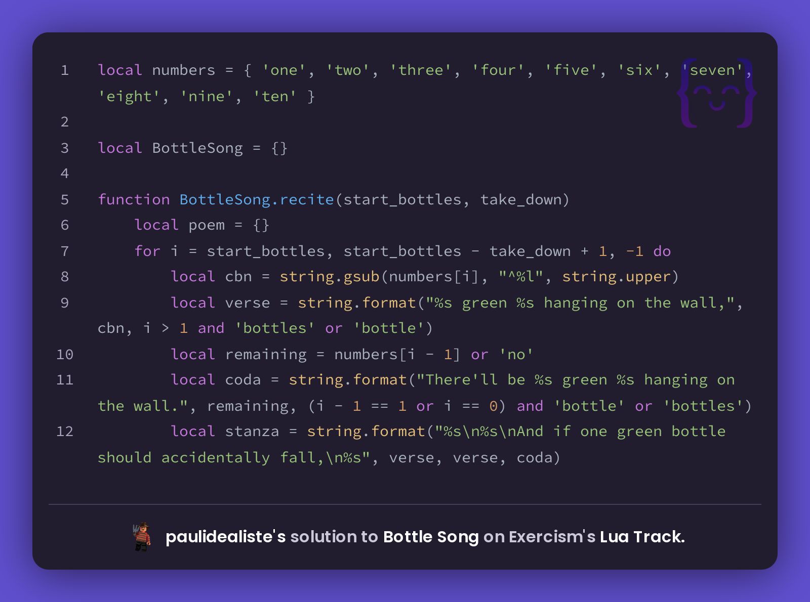 paulidealiste's solution for Bottle Song in Lua on Exercism