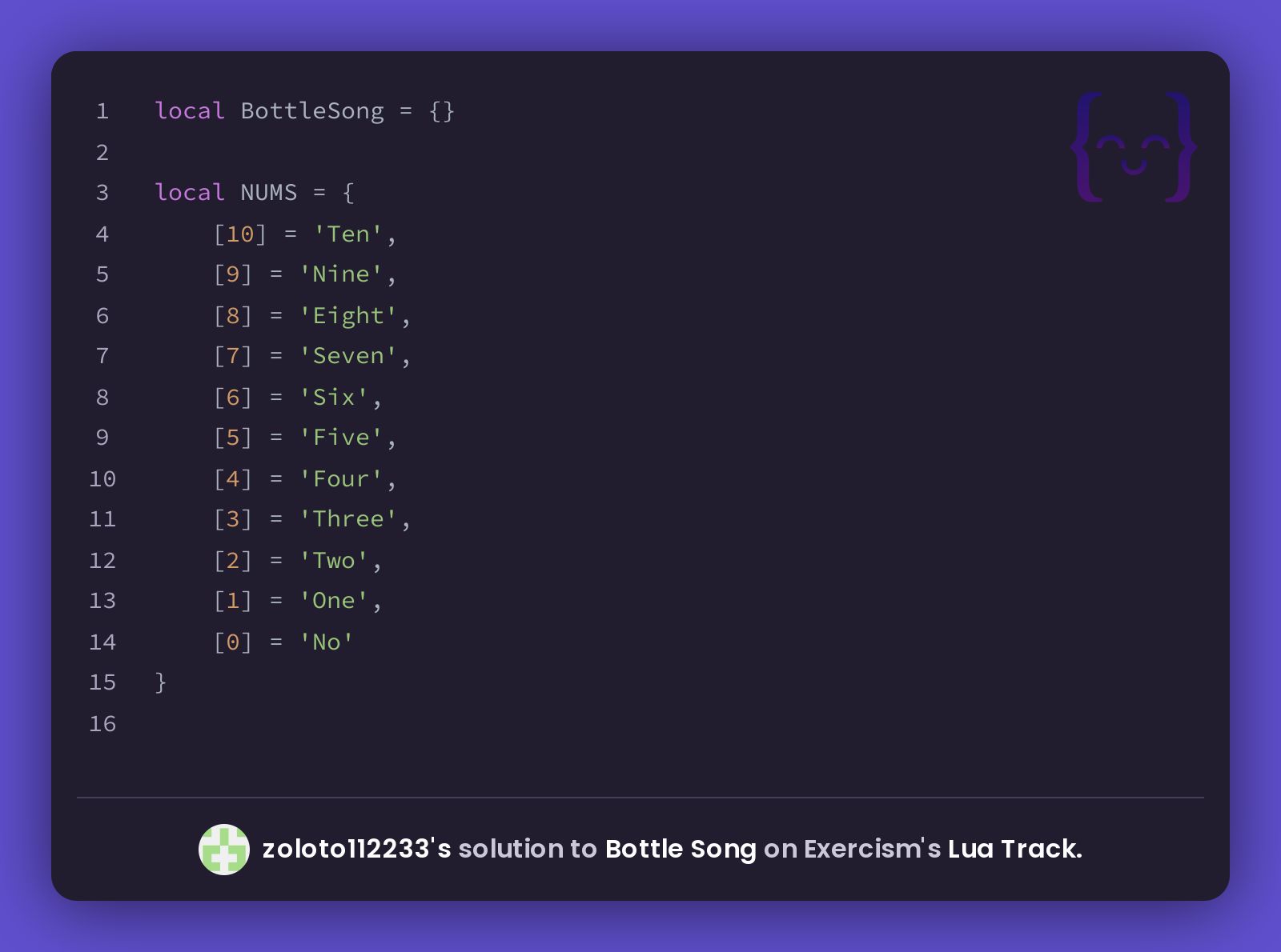 zoloto112233's solution for Bottle Song in Lua on Exercism