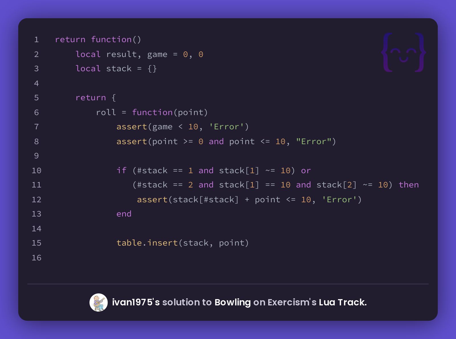 ivan1975's solution for Bowling in Lua on Exercism
