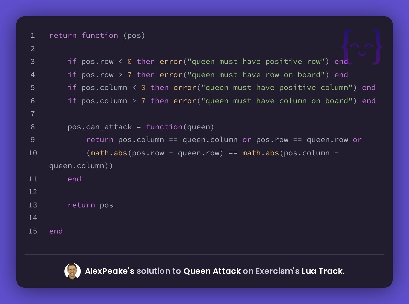 AlexPeake's solution for Queen Attack in Lua on Exercism