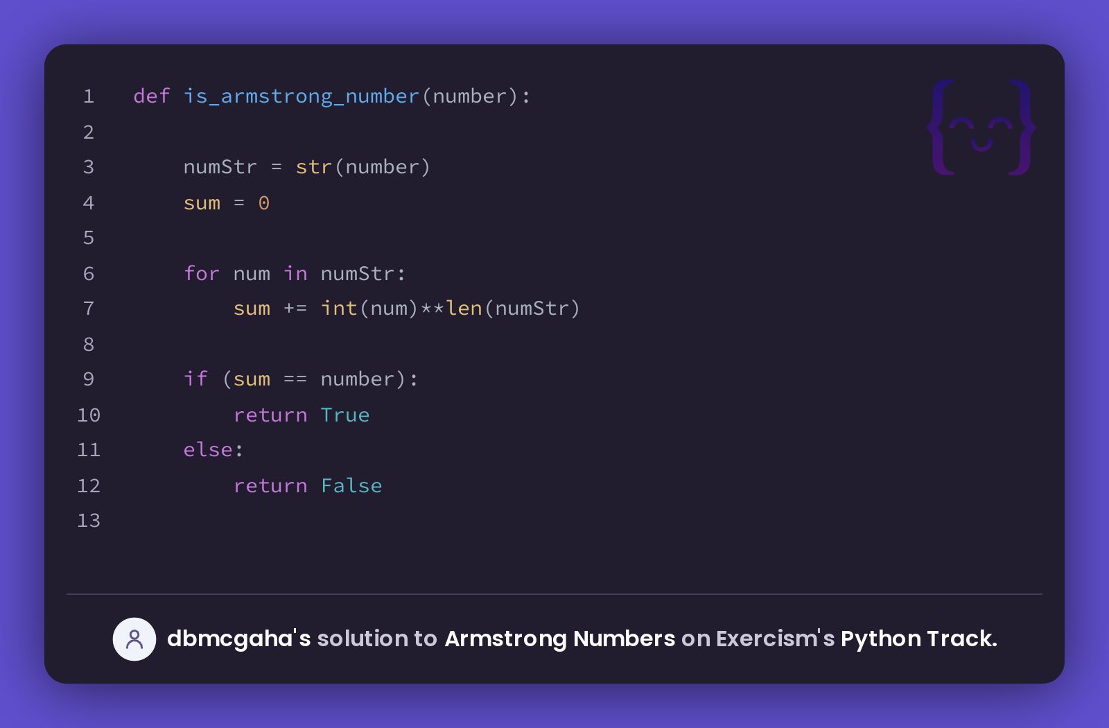 dbmcgaha's solution for Armstrong Numbers in Python on Exercism