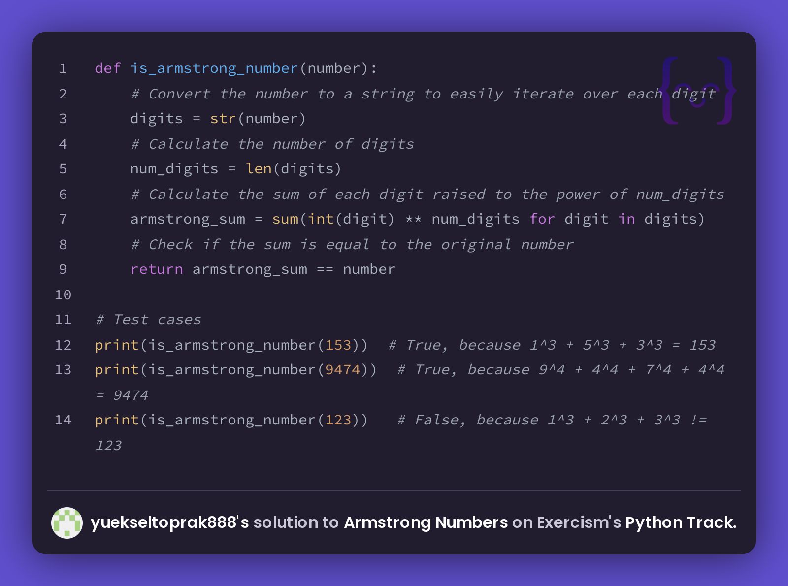 yuekseltoprak888's solution for Armstrong Numbers in Python on Exercism