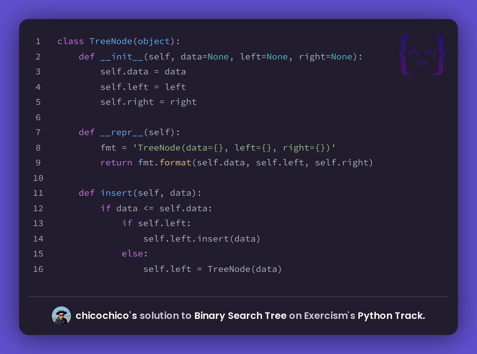 Chicochico's Solution For Binary Search Tree In Python On Exercism