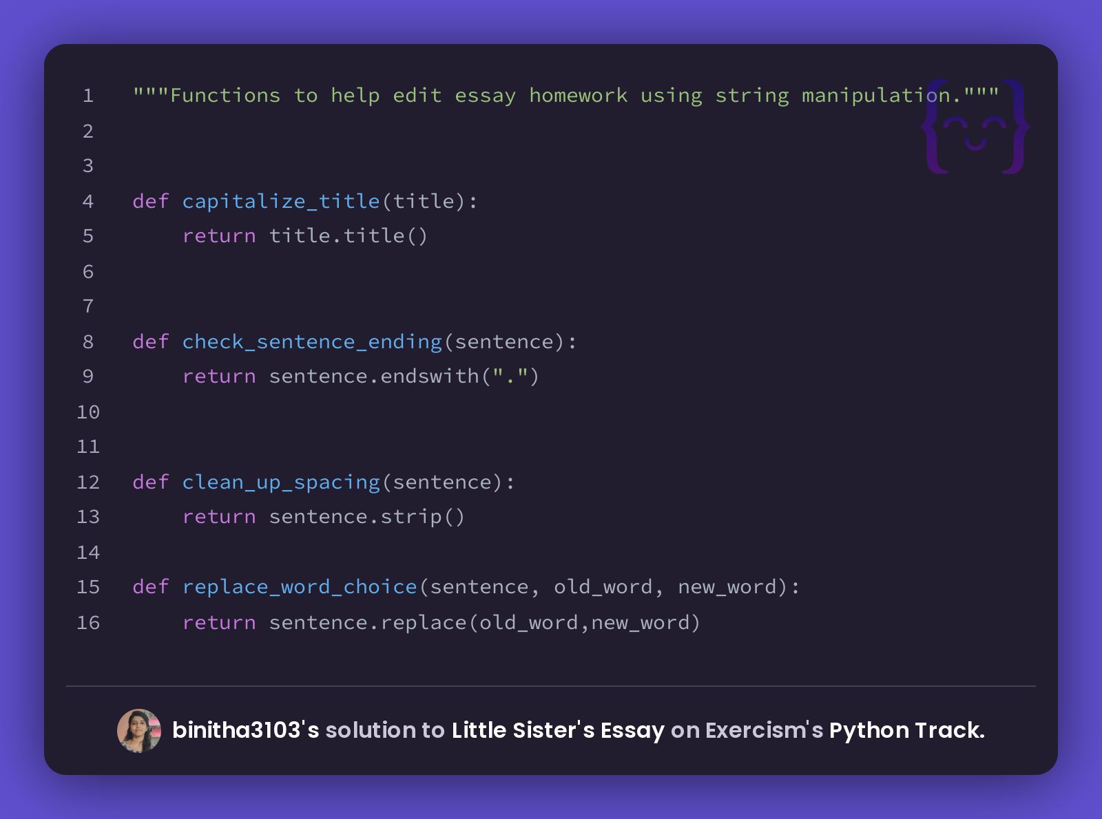 binitha3103's solution for Little Sister's Essay in Python on Exercism