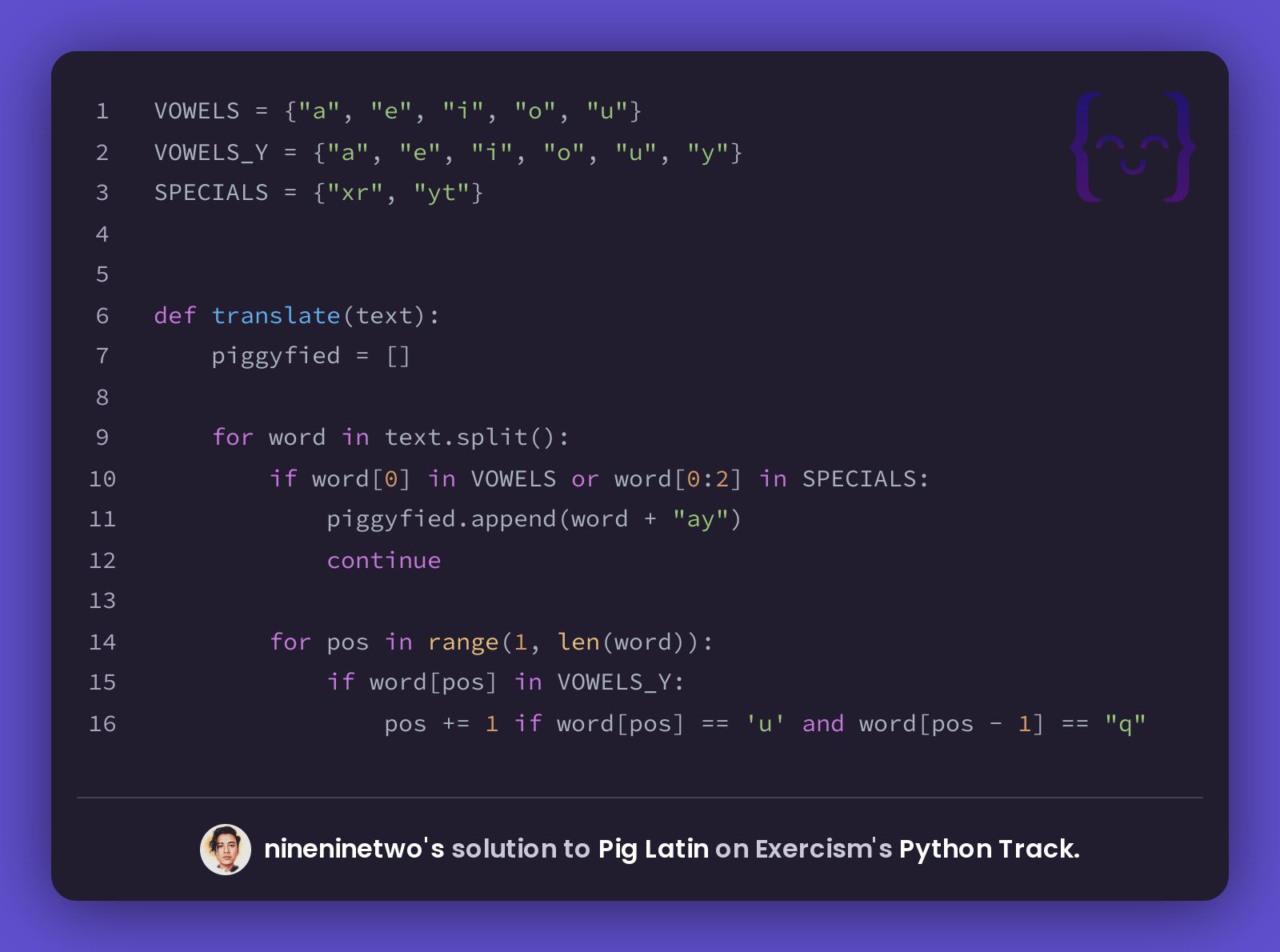 nineninetwo's solution for Pig Latin in Python on Exercism