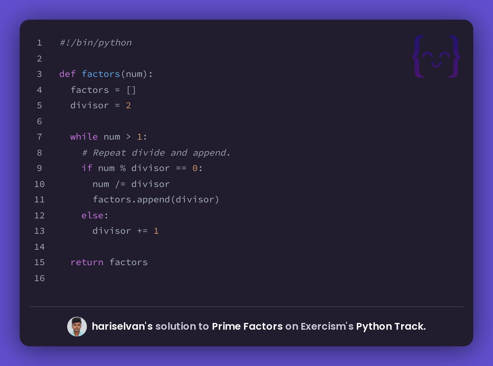 hariselvan's solution for Prime Factors in Python on Exercism