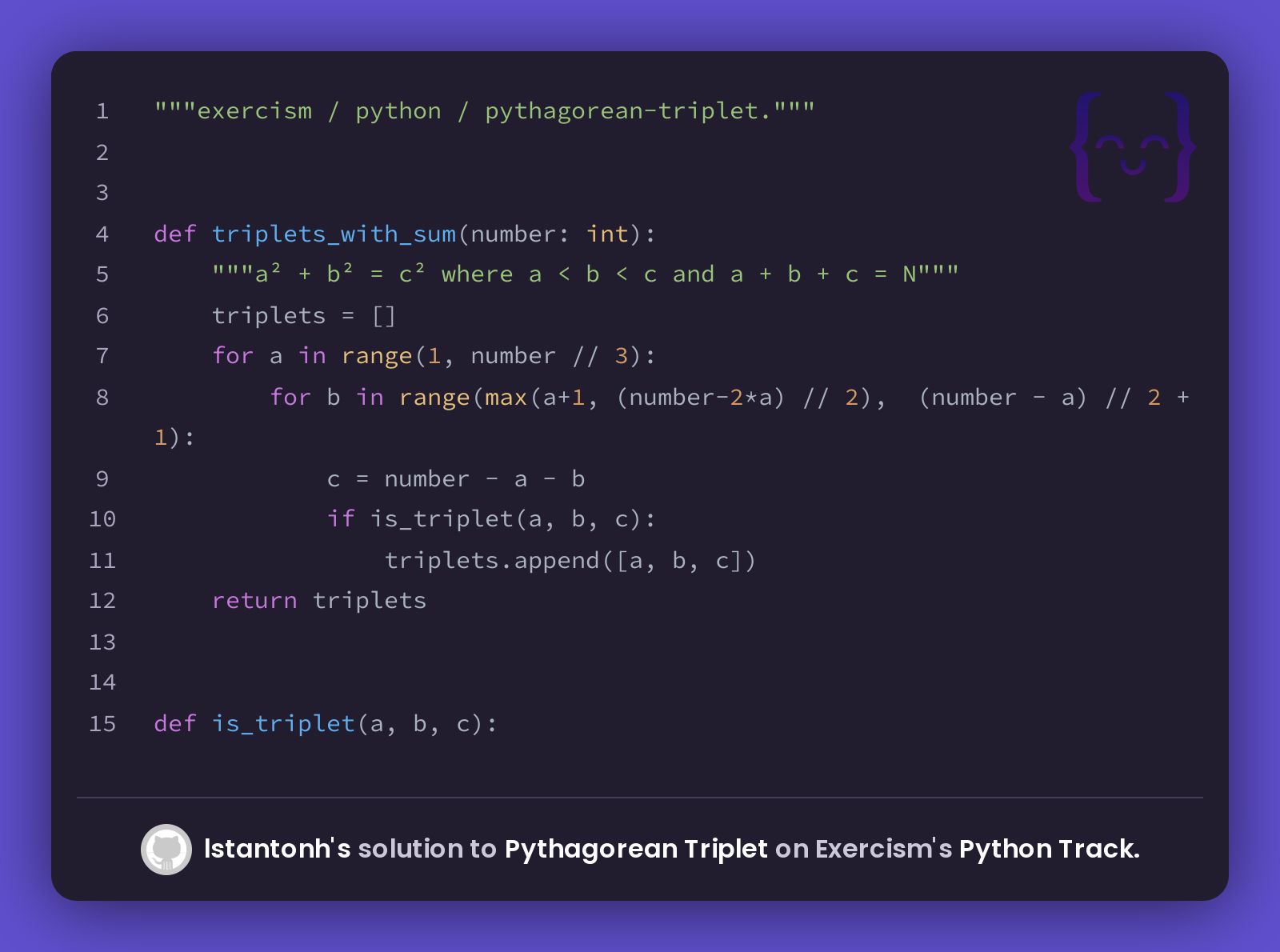 lstantonh's solution for Pythagorean Triplet in Python on Exercism