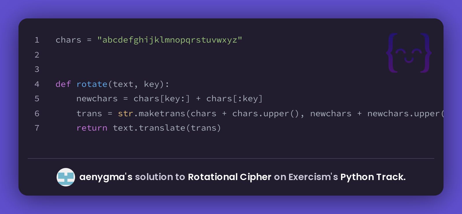 aenygma's solution for Rotational Cipher in Python on Exercism