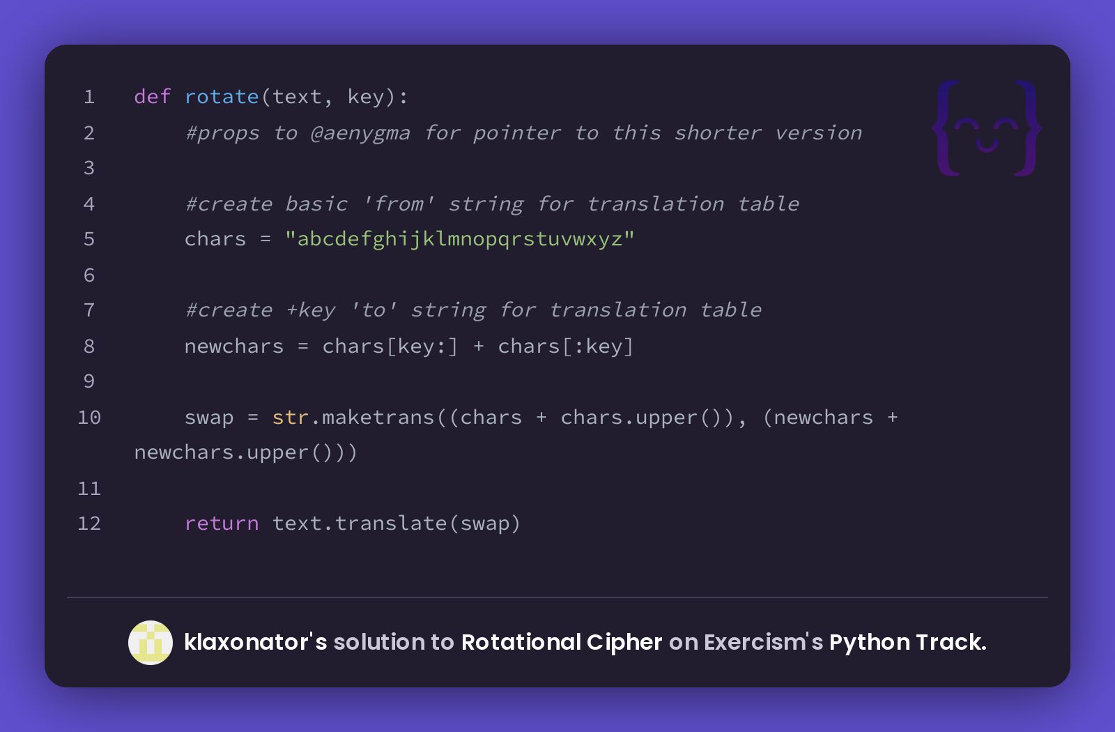 klaxonator's solution for Rotational Cipher in Python on Exercism