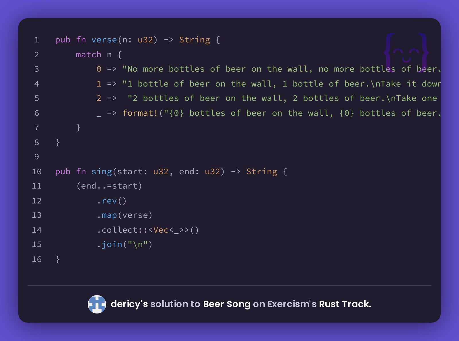 dericy's solution for Beer Song in Rust on Exercism