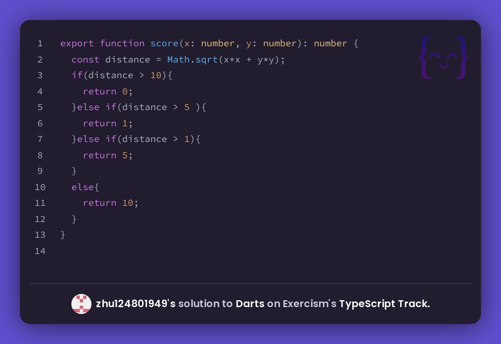 zhu124801949's solution for Darts in TypeScript on Exercism