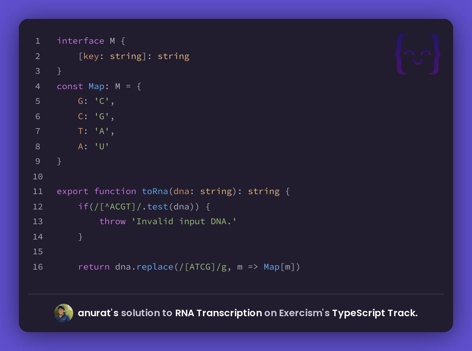 anurat's solution for RNA Transcription in TypeScript on Exercism