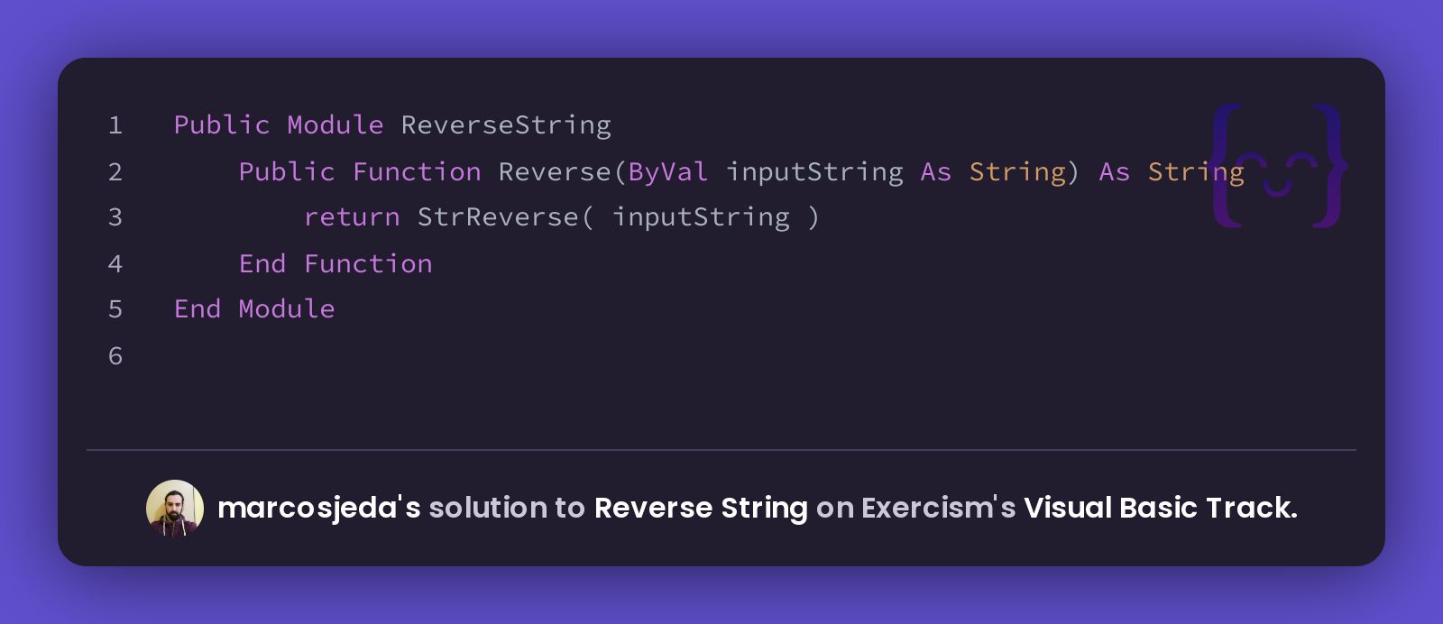 marcosjeda's solution for Reverse String in Visual Basic on Exercism